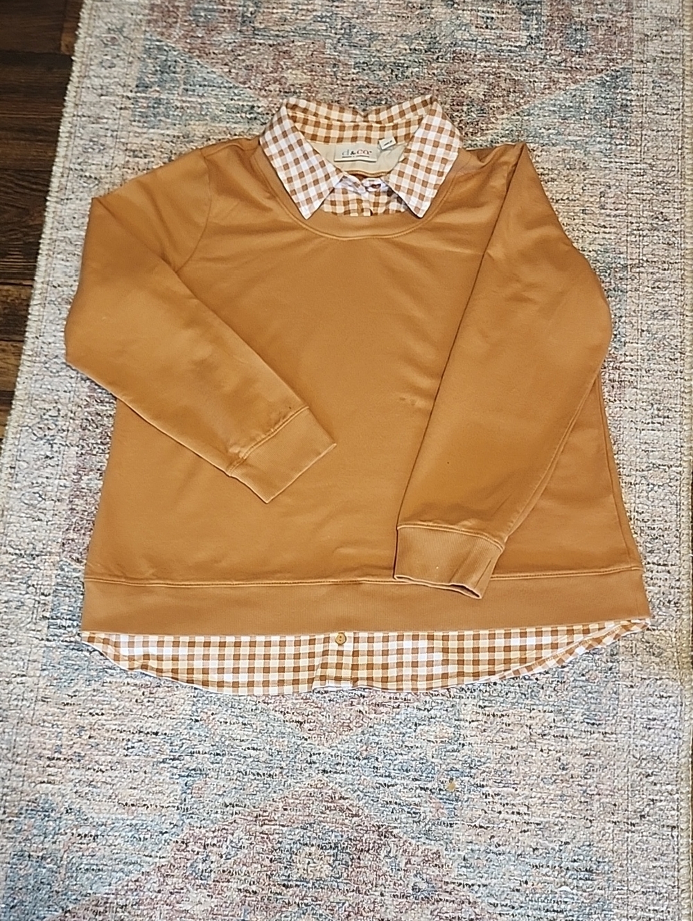 Women's Layered-Look V-Neck Sweater with Gingham Trim - Mustard